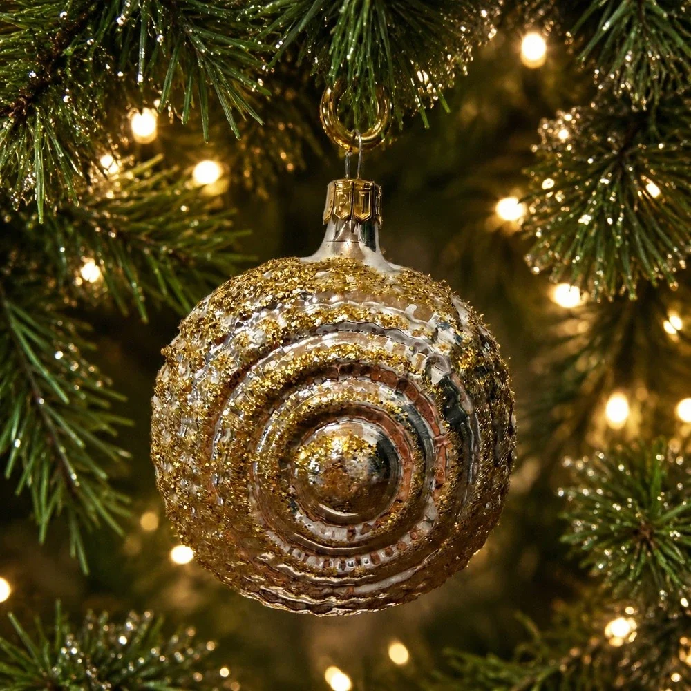 Pier 1 Set of 9 Glass Christmas Ornament Set Gold Glitter Balls Conch Shells